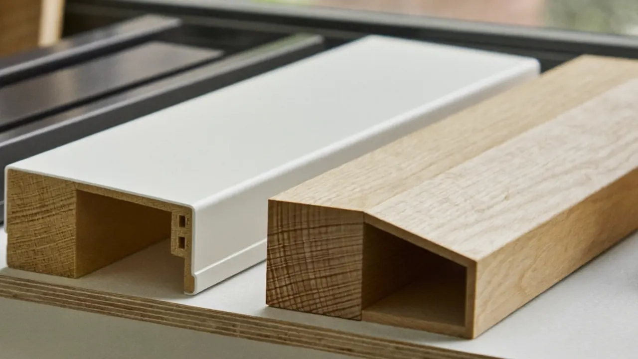 An aluminium window frame and a uPVC window frame placed side by side for comparison