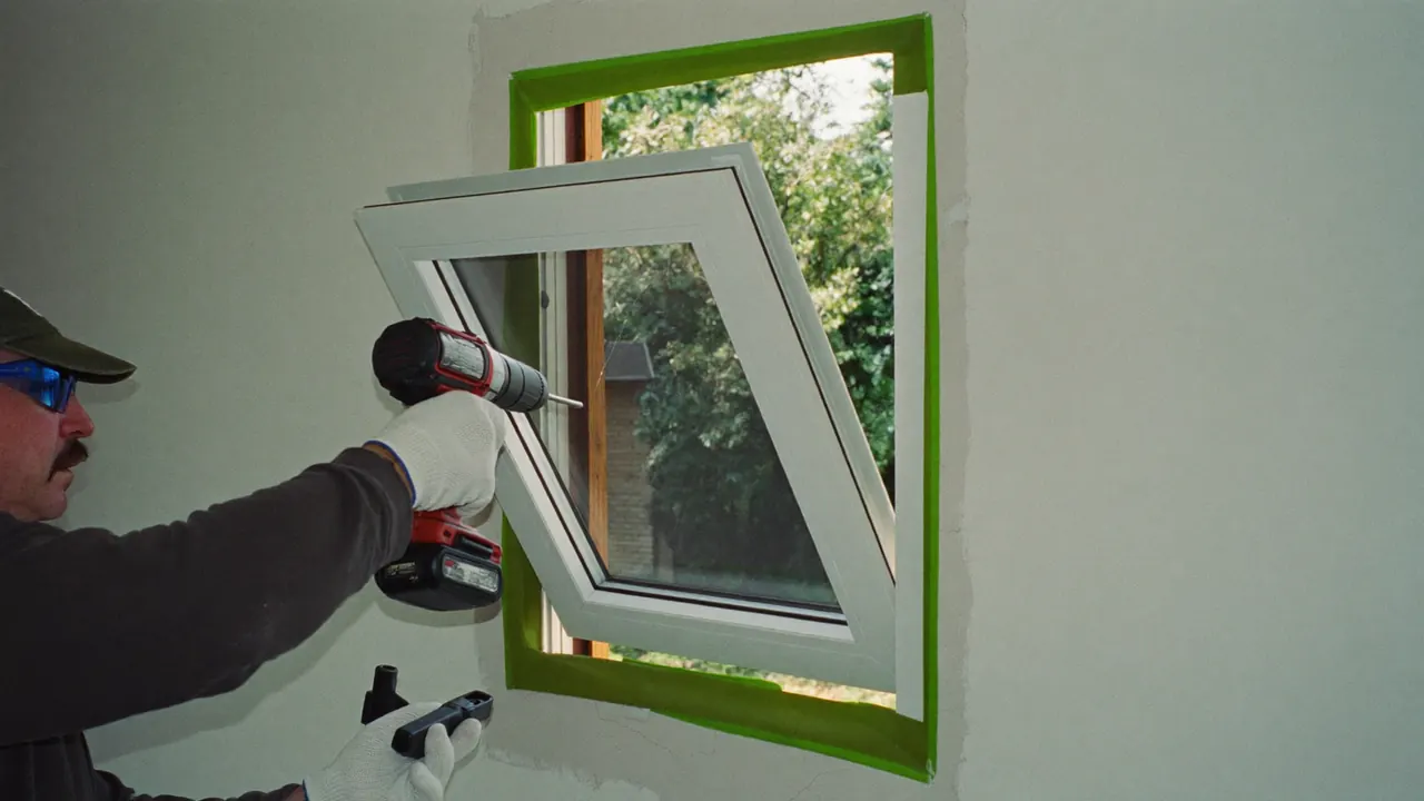 Fitter installing a new uPVC casement window into a brick wall opening