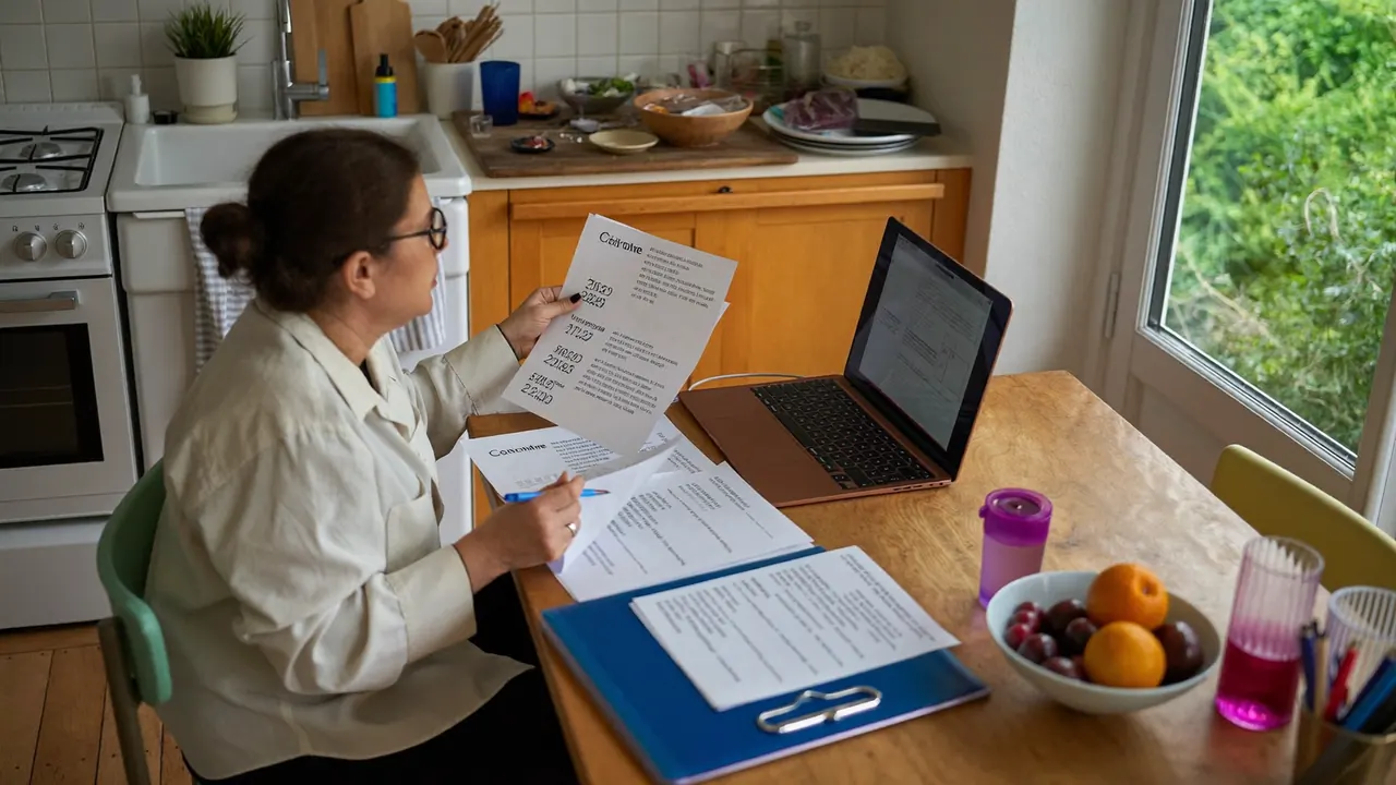 Homeowner at a table comparing several written double glazing quotes side by side