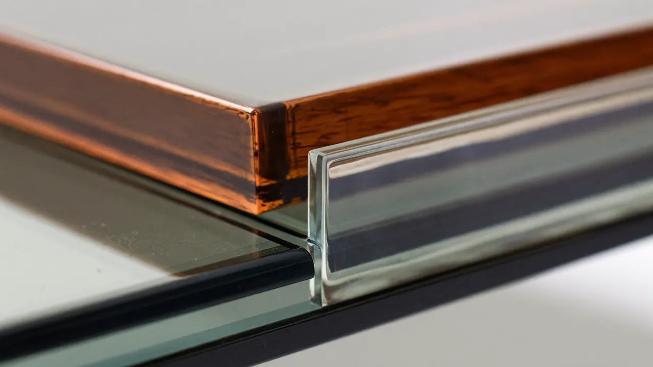 Edge of a double glazed unit showing a warm-edge spacer bar and low-E coating