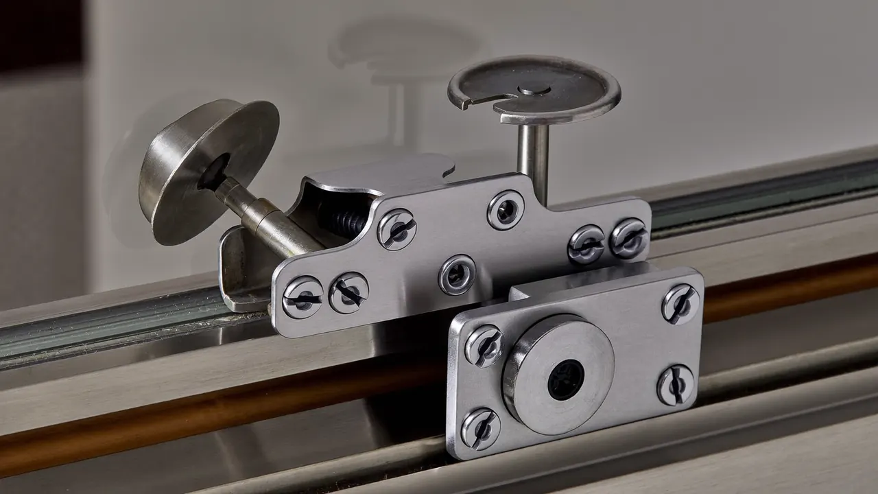 Close-up of a multi-point window locking mechanism engaged in the frame