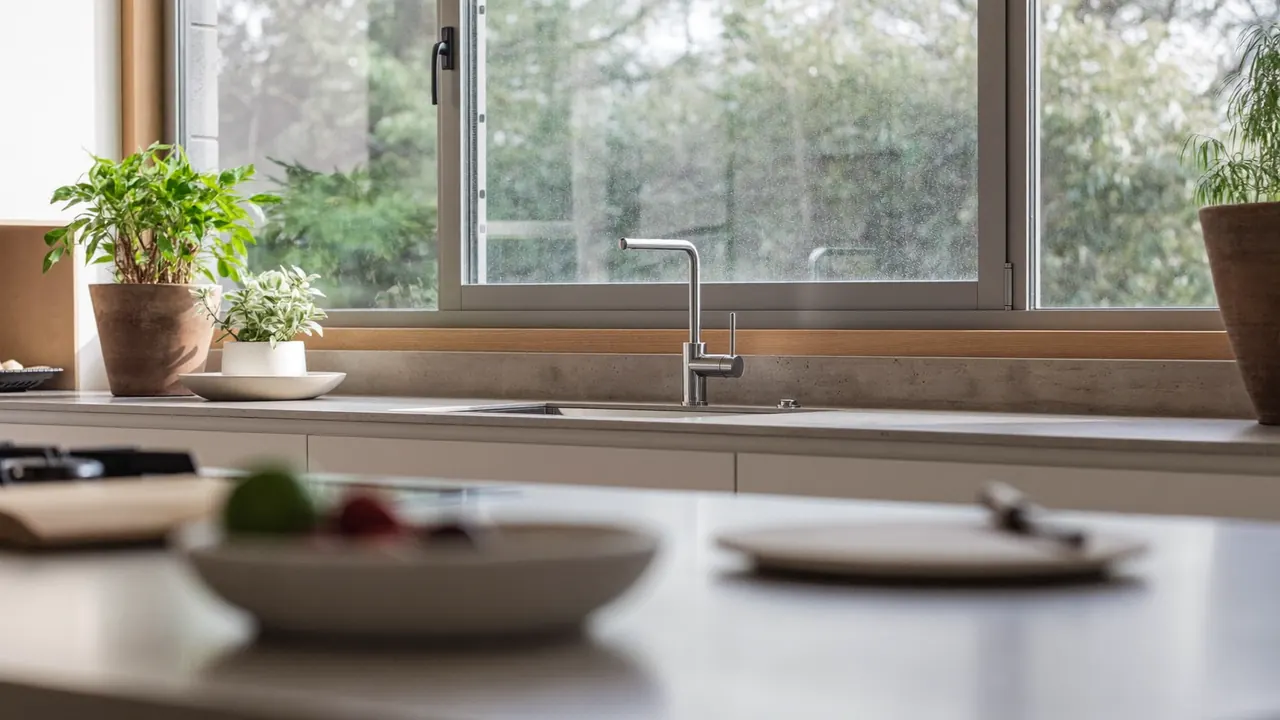Slim-framed aluminium window flooding a modern kitchen with light