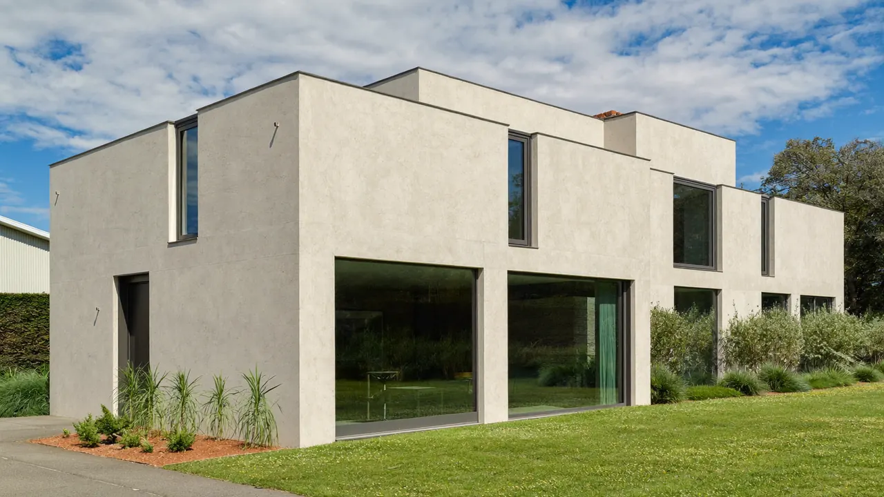 Slim-framed aluminium windows on a contemporary rendered UK home exterior
