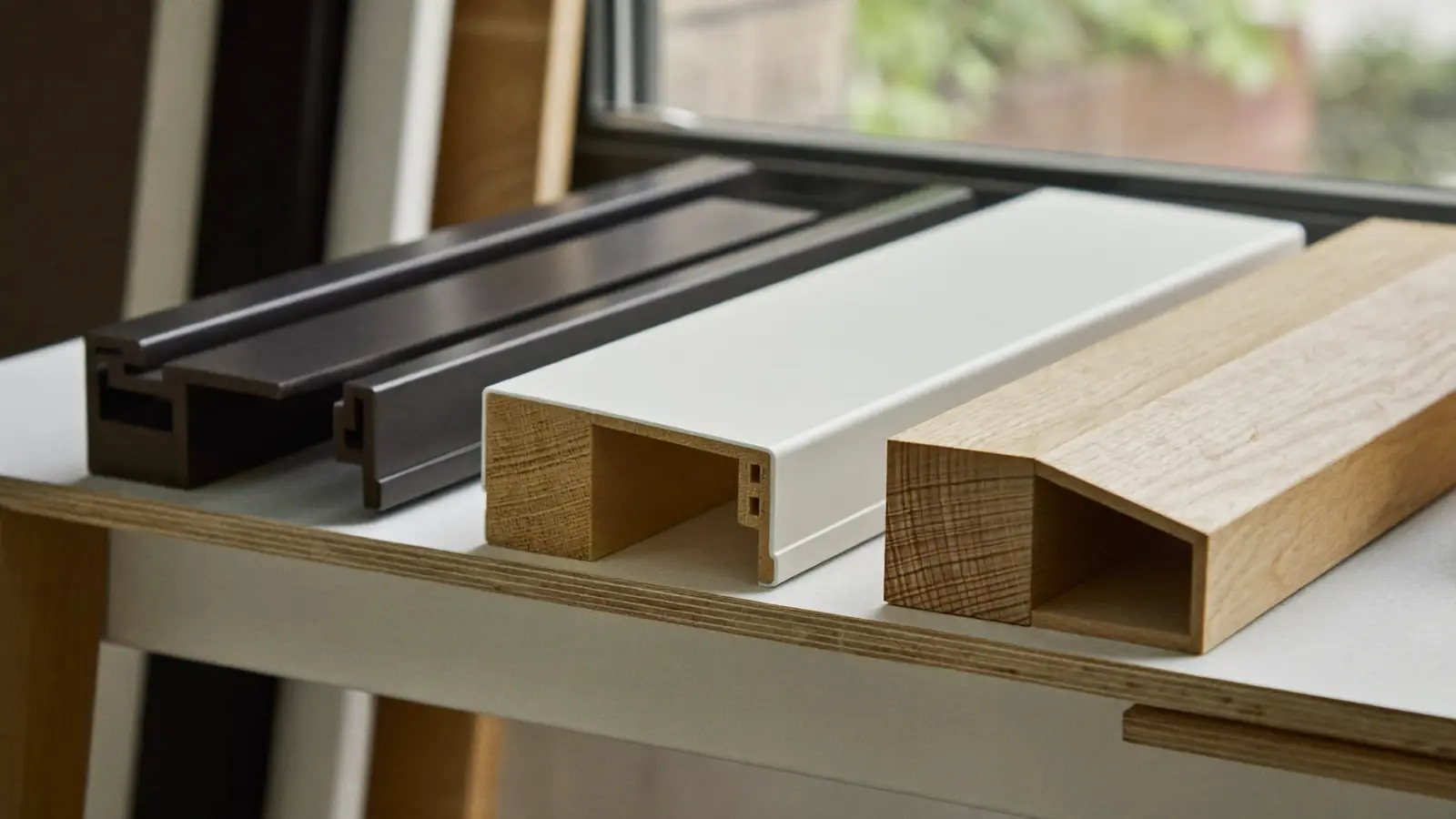 uPVC, aluminium and timber window corner samples on a comparison bench