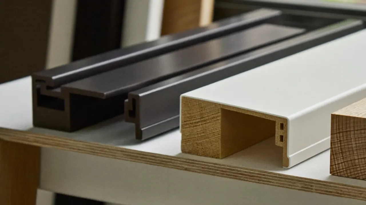 uPVC, aluminium and timber window frame samples lined up for comparison on a bench