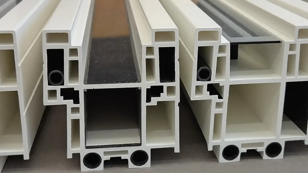 Close-up of a multi-chamber uPVC profile showing internal chambers and a warm-edge seal