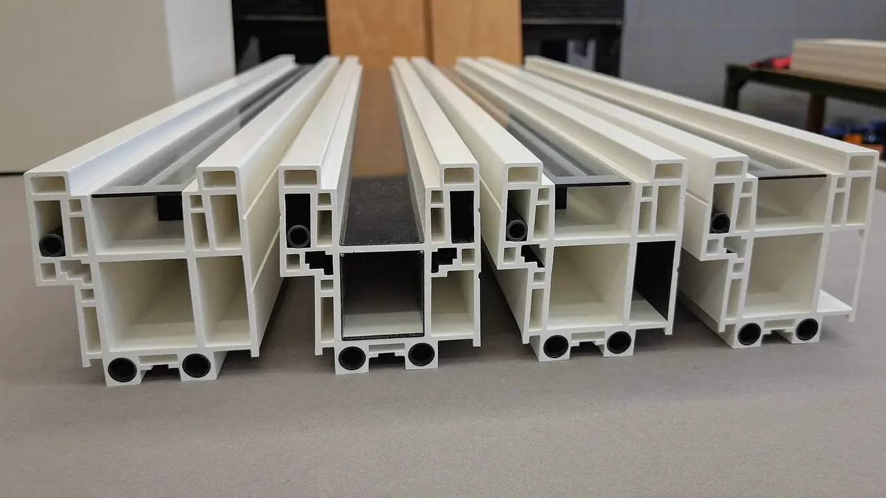 Cut sections of different uPVC window profile systems shown side by side