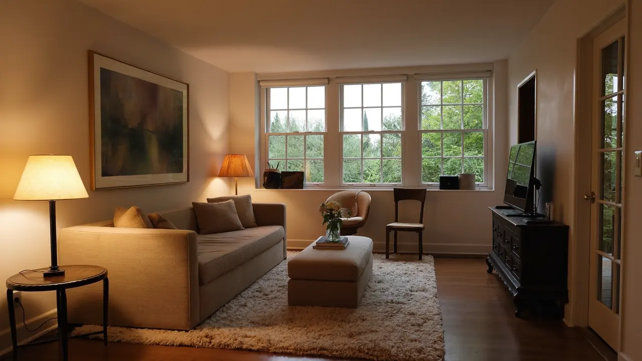 Warm, comfortable living room with modern double glazed windows on a cold day